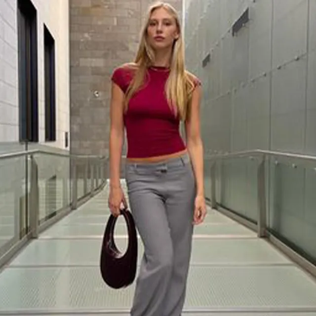 Half Turtleneck Solid Color Backless Top Short Sleeve Burgundy - Shop at LoveMi