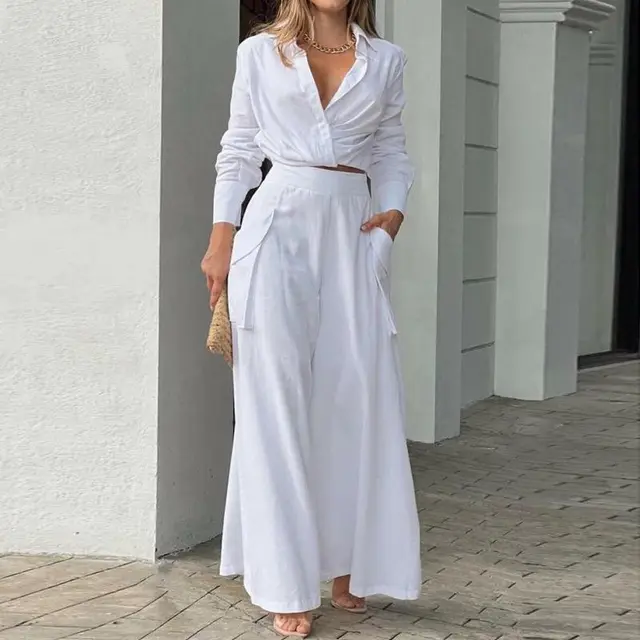 Solid Color Loose Pockets Fashion Casual Set White - Shop at LoveMi