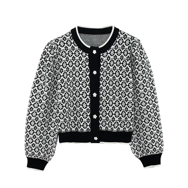 Plaid Floral Short Knitted Cardigan For Women Black - Shop at LoveMi