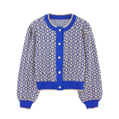 Plaid Floral Short Knitted Cardigan For Women Blue - Shop at LoveMi