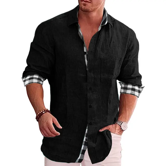 European And American Casual Men's Cotton Linen Shirt Black - Shop at LoveMi