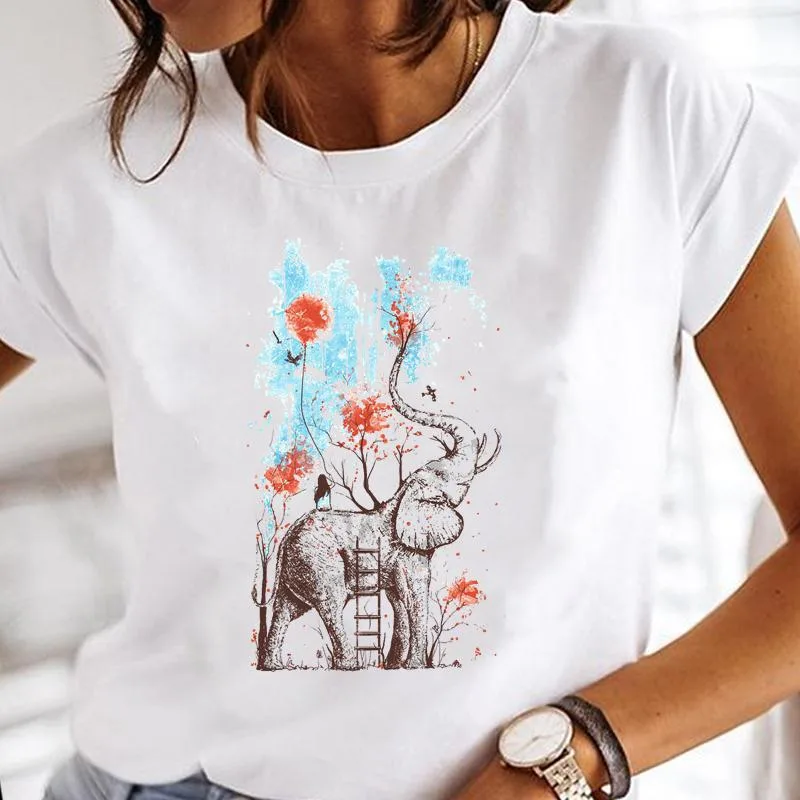 White With Printed Pattern Top Women's Casual Round Neck Short Sleeves T-shirt - 20 White