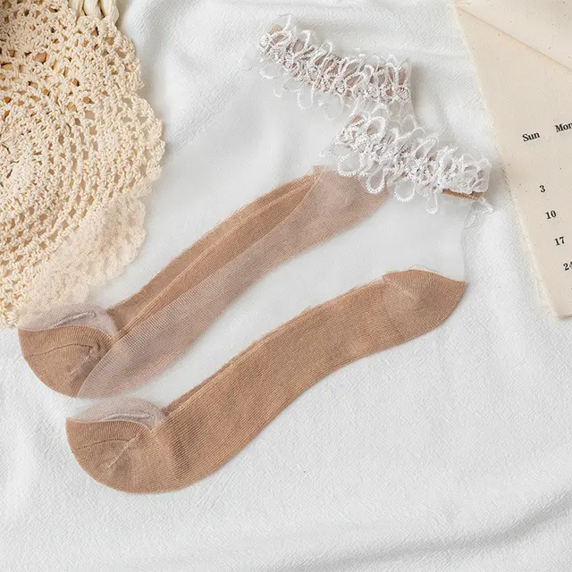 Women's Fashion Pearl Crystal Lace Socks Coffee - Shop at LoveMi