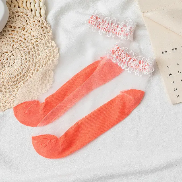 Women's Fashion Pearl Crystal Lace Socks Watermelon Red - Shop at LoveMi