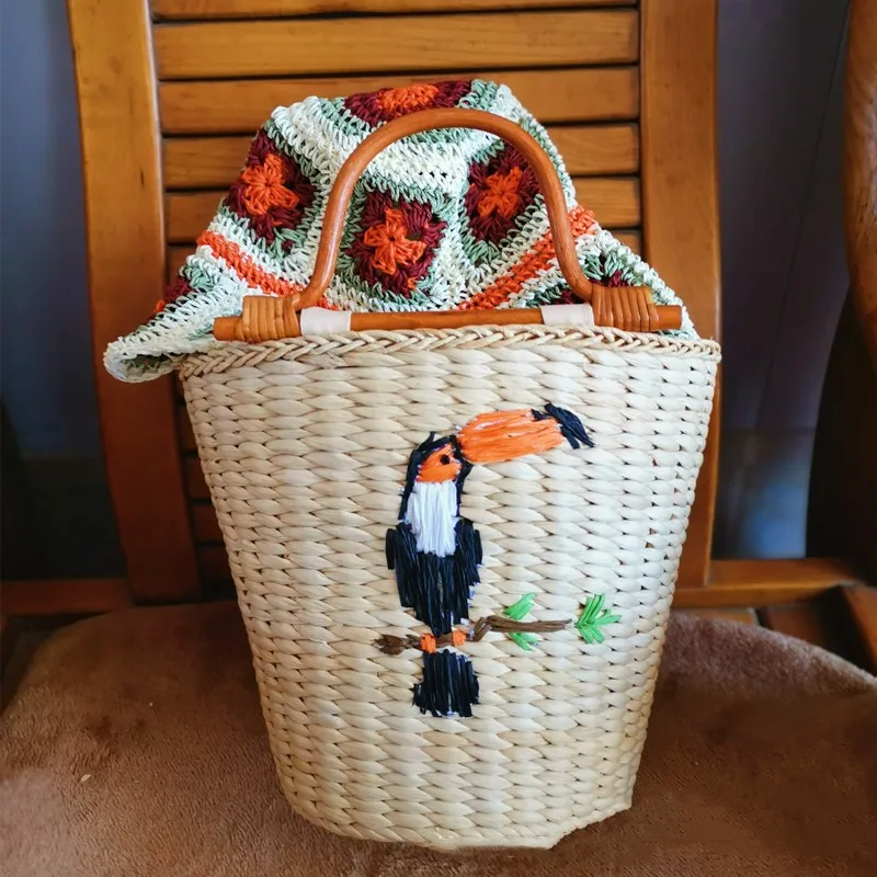 Birds Embroidered And Rope Paper Beads Wooden Decorated Straw Fabric Bag Yellow - Shop at LoveMi