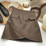 Irregular High Waist Faux Pocket A- Line Skirt Women - Coffee