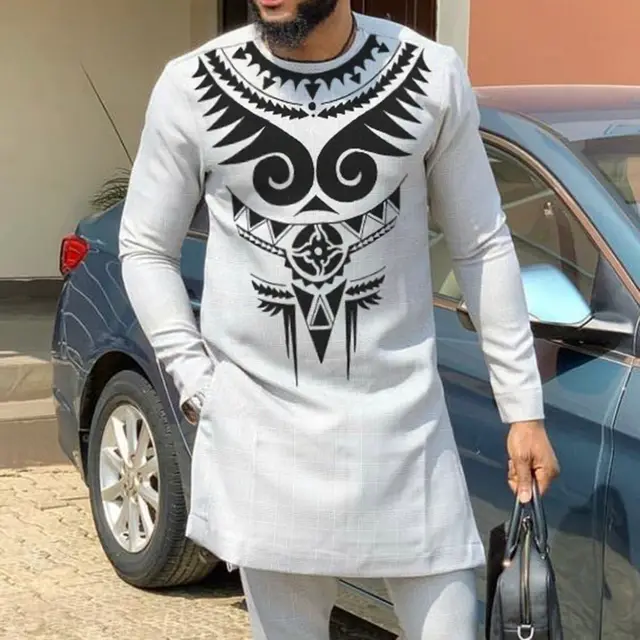 Men's Casual Suit Printed Shirt And Pants 2 piece Set Grey - Shop at LoveMi