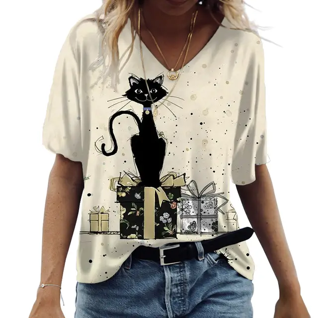 Spring And Summer Women's Casual Short sleeved V neck Cat 3D Printed Top Nt302688 - Shop at LoveMi