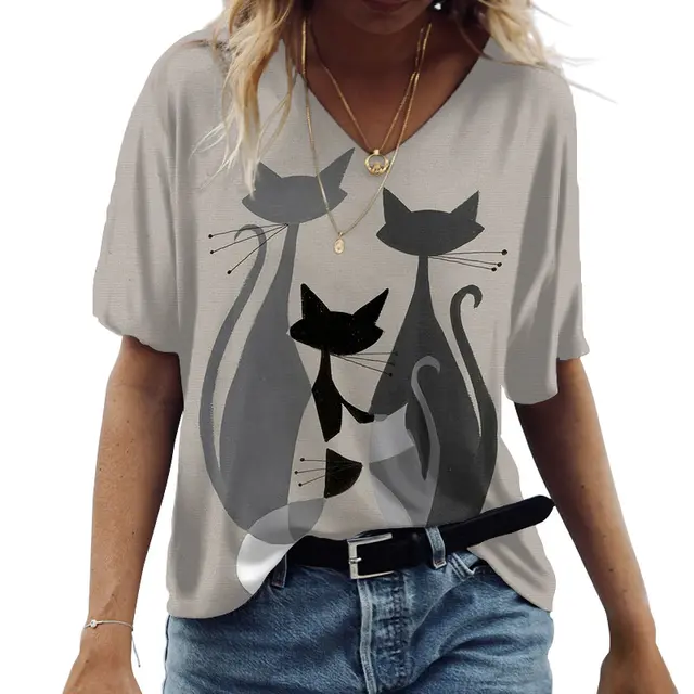 Spring And Summer Women's Casual Short sleeved V neck Cat 3D Printed Top Nt302690 - Shop at LoveMi