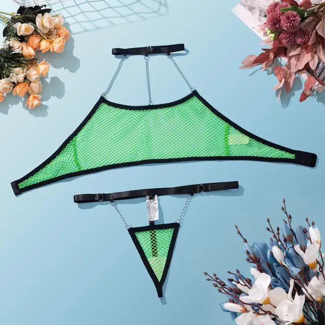 Women's Mesh Metal Chain Underwear Bra Set Fluorescent Green - Shop at LoveMi