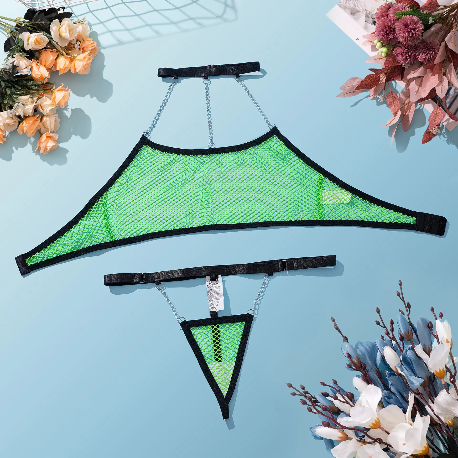 Women's Mesh Metal Chain Underwear Bra Set - Fluorescent Green - View 1