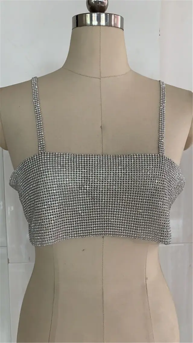 European And American Full Diamond Spaghetti Straps Midriff baring Ultra Short Vest Low Cut Diamond Silver Vest - Shop at LoveMi