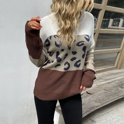 Casual Women's Long Sleeve Leopard Print Contrast Color Sweater Leopard - Shop at LoveMi