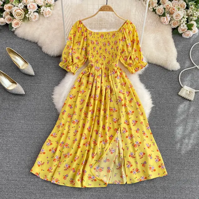Bubble Short Sleeve Waist Wrapped Slim Split Dress Yellow - Shop at LoveMi