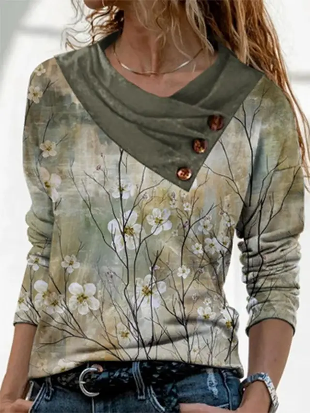 Women's Button Top Square Printed V neck Loose Casual Long Sleeves T shirt Sq1061 A - Shop at LoveMi