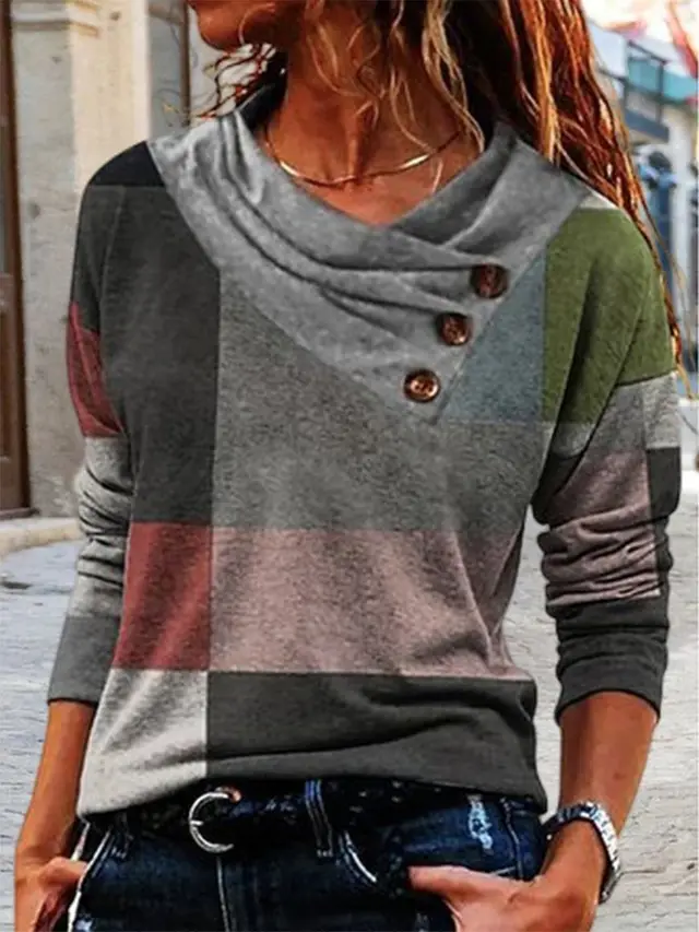 Women's Button Top Square Printed V neck Loose Casual Long Sleeves T shirt Sq1061 - Shop at LoveMi
