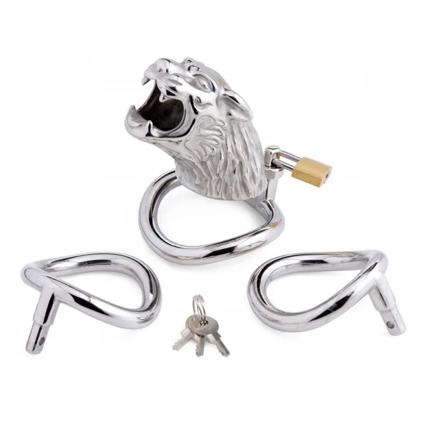 Metal Men's Tiger Head Bird Cage Chastity Lock Conditioning Supplies Adult Toys Three Rings A Set - Shop at LoveMi