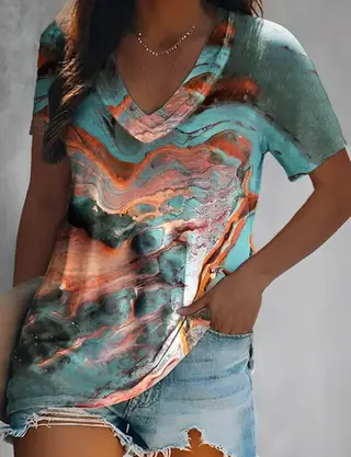 Round Neck Short Sleeve Loose 3D Print - Color2