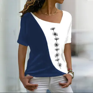 Women's Printed Pullover T Shirt - Navy Blue