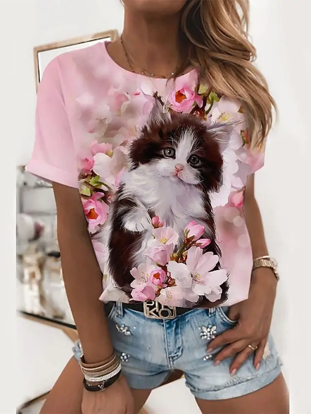 Cartoon Cat Round Neck Digital Printed Short sleeved T shirt For Women Figure 5 - Shop at LoveMi