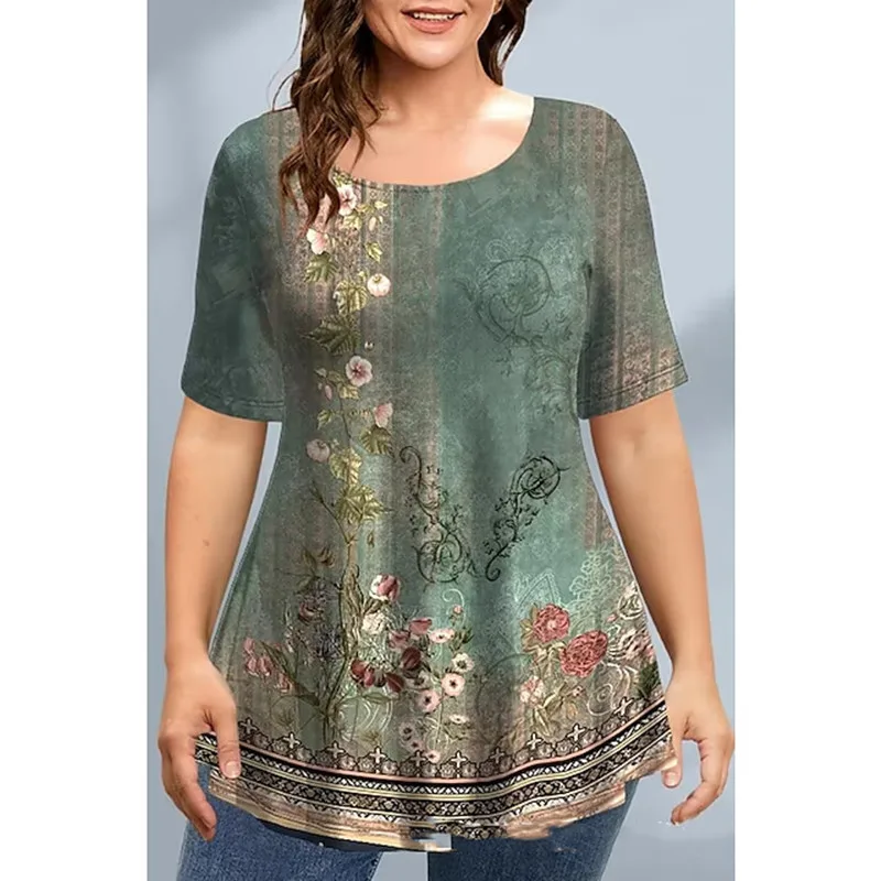 Women's Printed Short Sleeve Round Neck Long T Print 4 Style - Shop at LoveMi