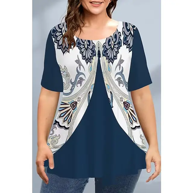 Women's Printed Short Sleeve Round Neck Long T Print 8 Style - Shop at LoveMi