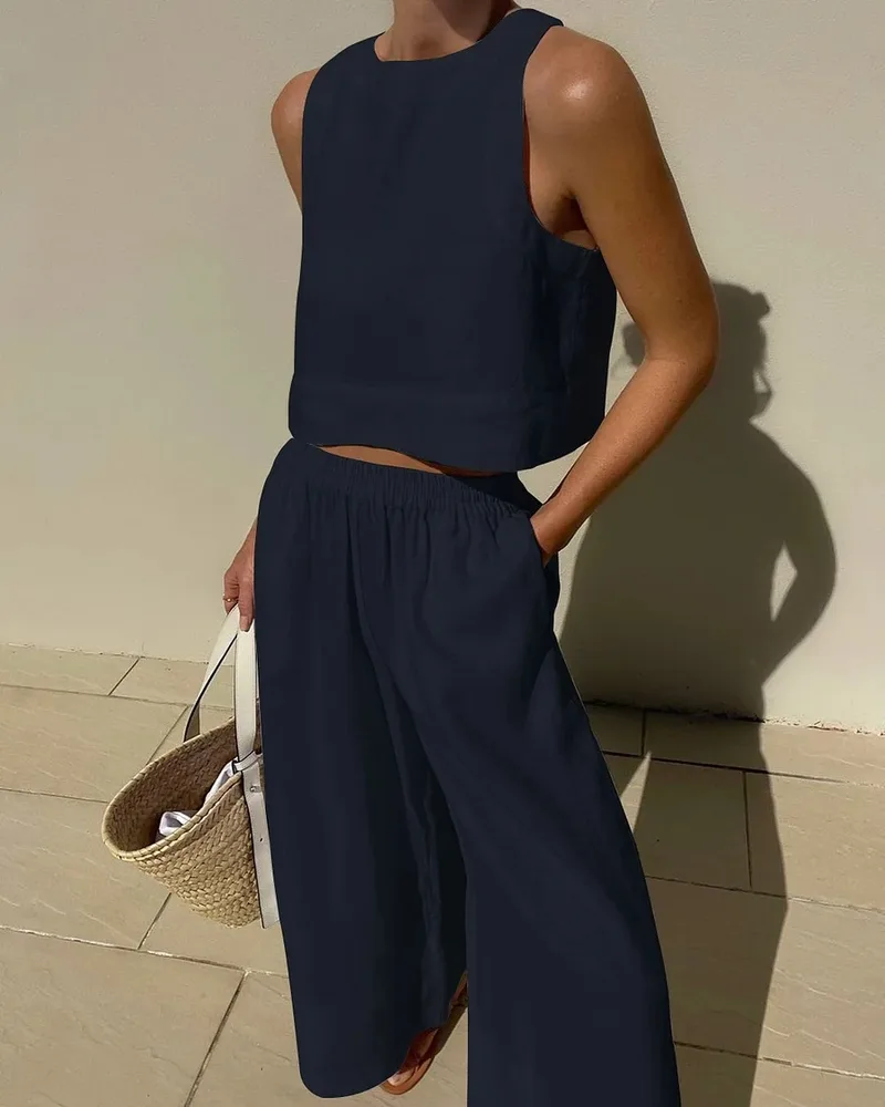 Loose Solid Color Sleeveless Shirt And Trousers Two piece Set Black - Shop at LoveMi
