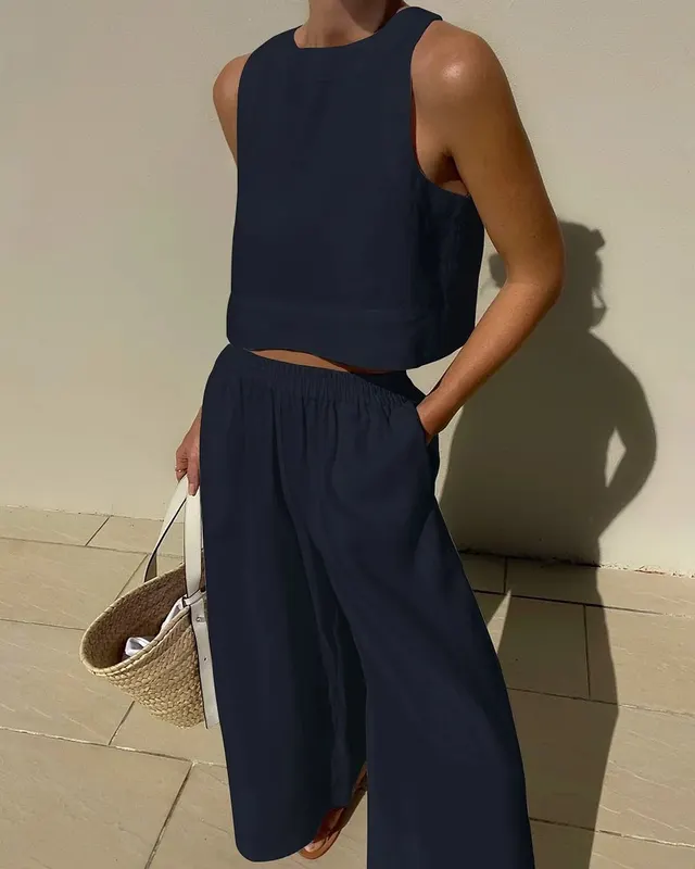 Loose Solid Color Sleeveless Shirt And Trousers Two piece Set Dark Blue - Shop at LoveMi