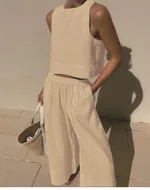 Loose Solid Colour Sleeveless Shirt And Trousers Two-piece Set - Khaki