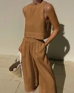 Loose Solid Color Sleeveless Shirt And Trousers Two-piece Set - Orange