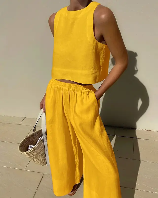 Loose Solid Color Sleeveless Shirt And Trousers Two piece Set Yellow - Shop at LoveMi
