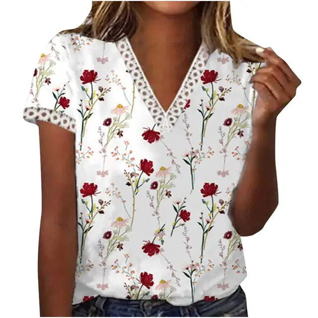 Leisure Holiday V Neck Flower Print Short Sleeve Flower1 - Shop at LoveMi