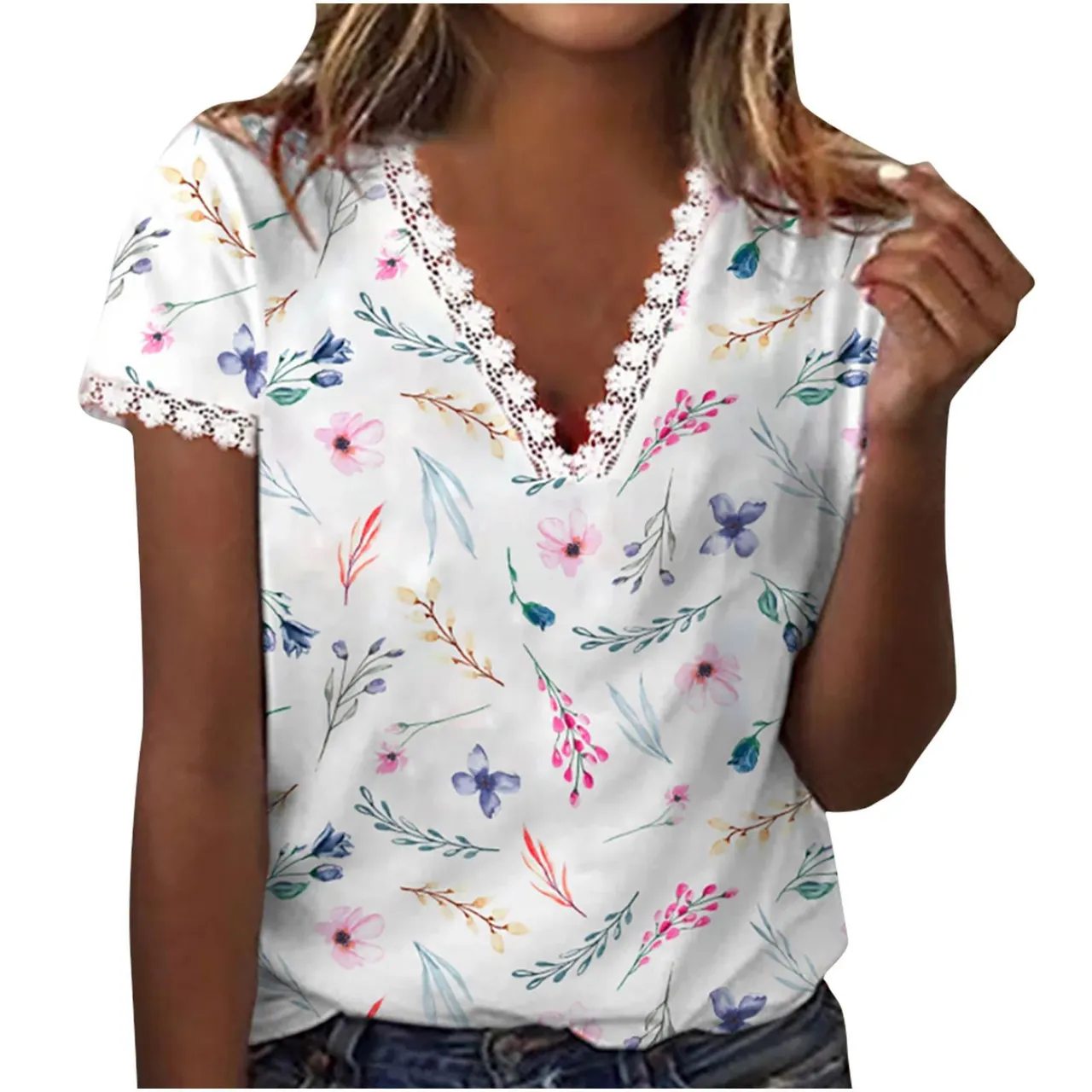 Leisure Holiday V Neck Flower Print Short Sleeve - Flower3
