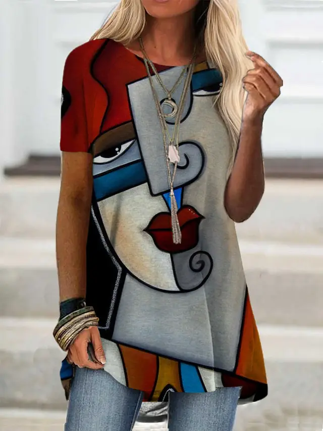 New Fashion Women's Clothing Short Sleeve Digital Printing T shirt Red - Shop at LoveMi