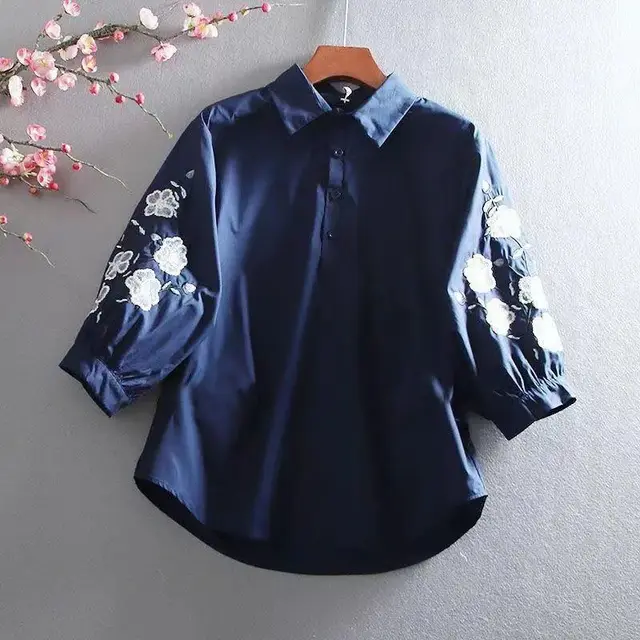 Vintage Lantern Sleeve Embroidery Loose Shirt Blue - Shop at LoveMi