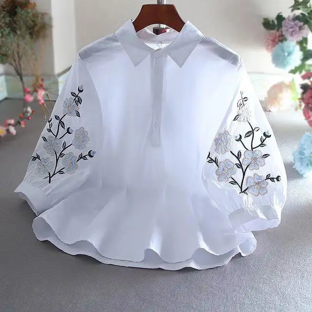 Vintage Lantern Sleeve Embroidery Loose Shirt White - Shop at LoveMi