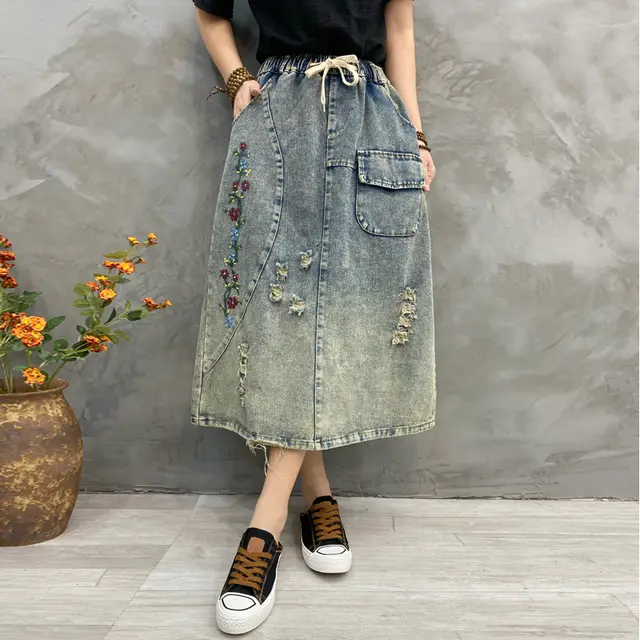Vintage Embroidered Hole Denim Skirt Spring And Autumn New Style Blue - Shop at LoveMi