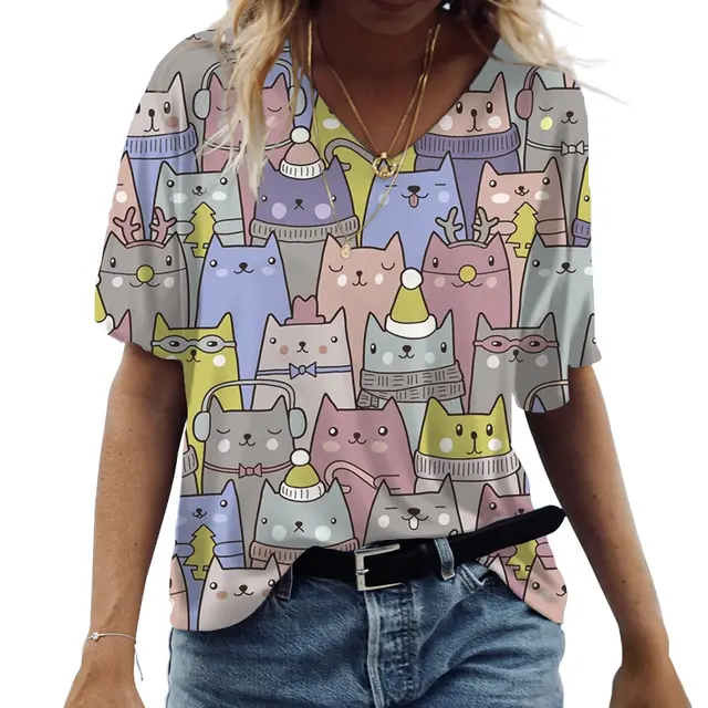 Casual Short Sleeve V Neck Cat 3D Nt302696 - Shop at LoveMi