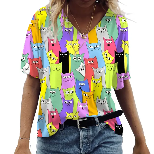 Casual Short Sleeve V Neck Cat 3D Nt302697 - Shop at LoveMi