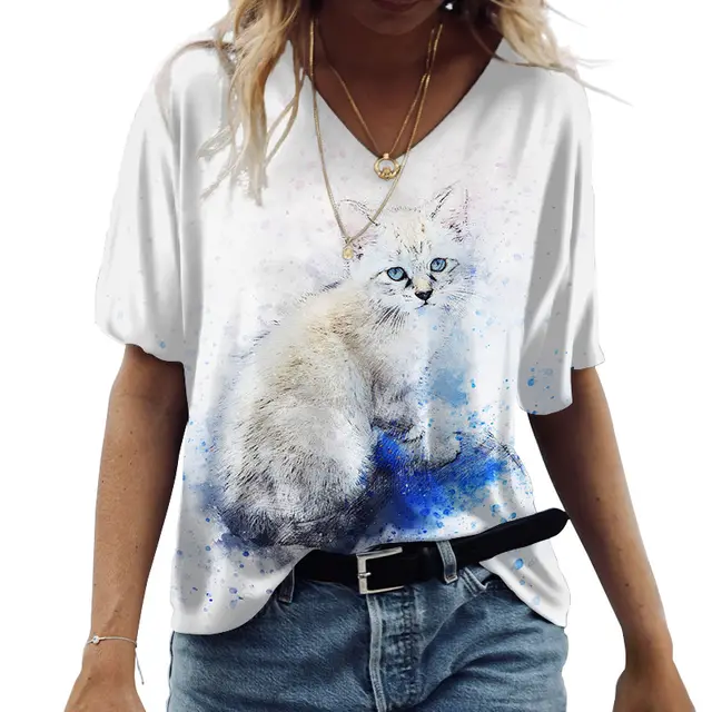 Casual Short Sleeve V Neck Cat 3D Nt302699 - Shop at LoveMi