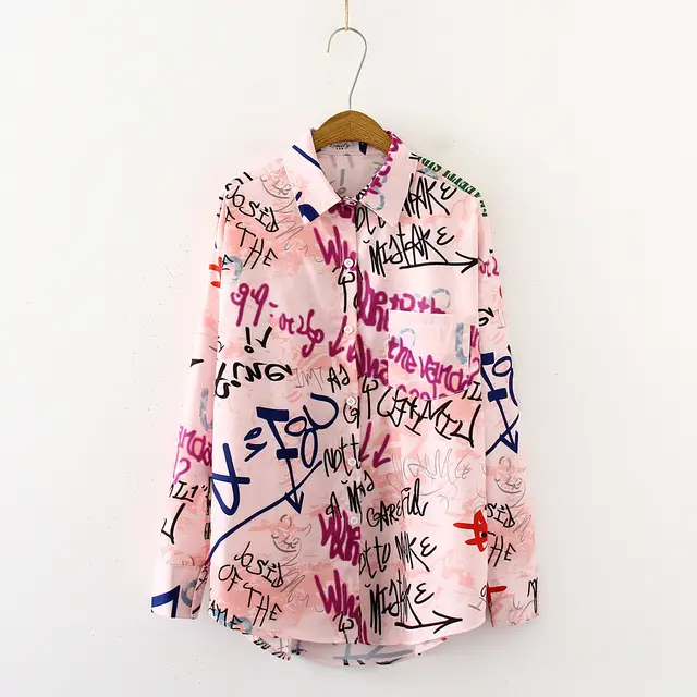 Personalized Graffiti Hawaii Flower Shirt Spring And Autumn Long BF Loose Mid length Shirt Pink Graffiti - Shop at LoveMi