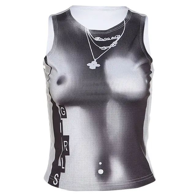 Round Neck Navel Exposed Printed Slim Fitting Bottom Tank Top Black - Shop at LoveMi