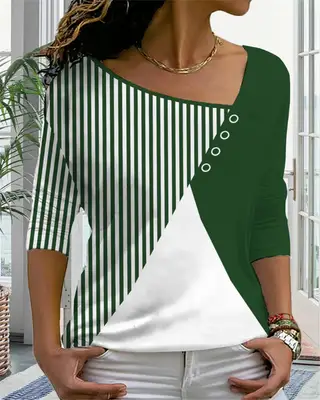 V Neck Contrast Printed Loose Top T Shirt - Green