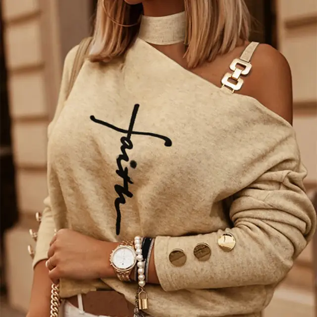 Diagonal Shoulder Chain Embellishment Long Sleeve Top Nys0836P - Shop at LoveMi