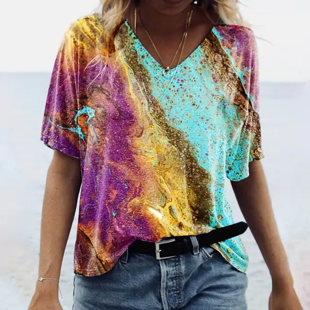 V Neck Short Sleeve Printed T Shirt Rr22061706 - Shop at LoveMi