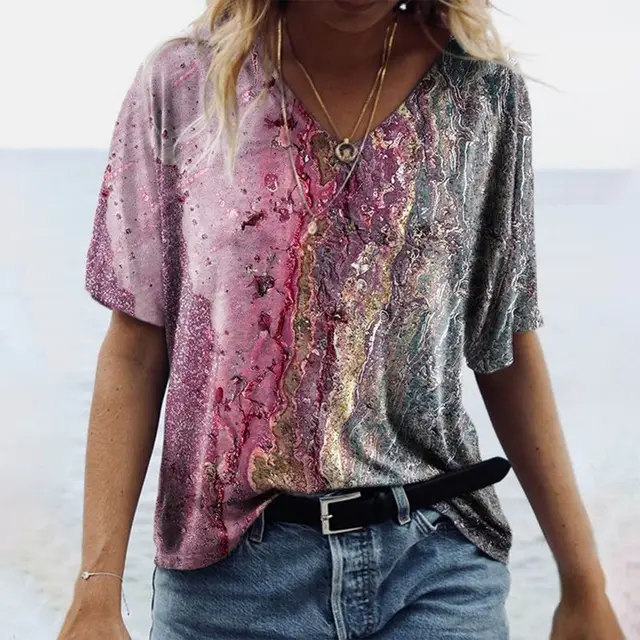 V Neck Short Sleeve Printed T Shirt Rr22061707 - Shop at LoveMi