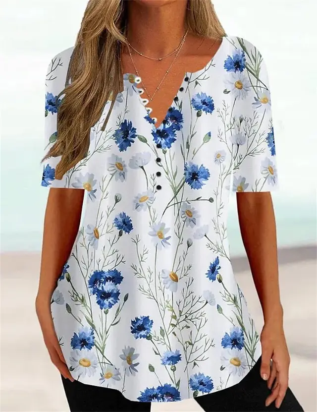 Loose Fitting V Neck Pullover Short Sleeve T Shirt Color2 - Shop at LoveMi