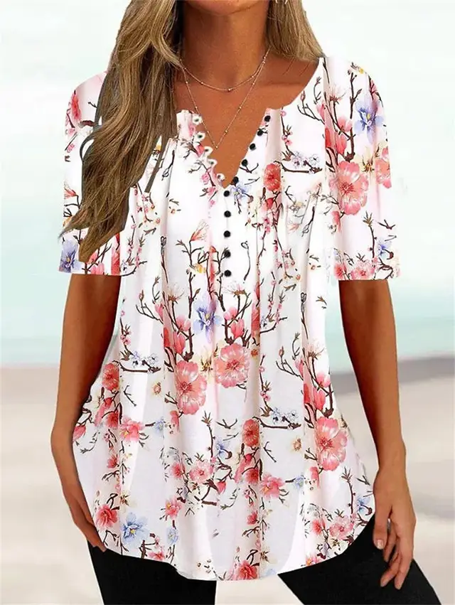 Loose Fitting V Neck Pullover Short Sleeve T Shirt Color3 - Shop at LoveMi