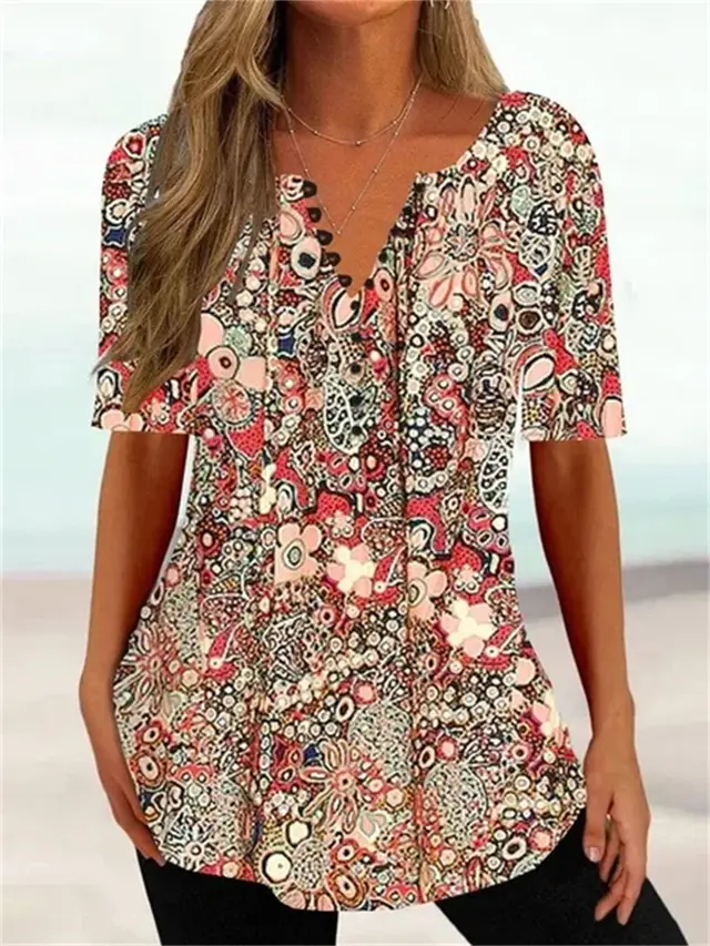 Loose Fitting V Neck Pullover Short Sleeve T Shirt Color4 - Shop at LoveMi