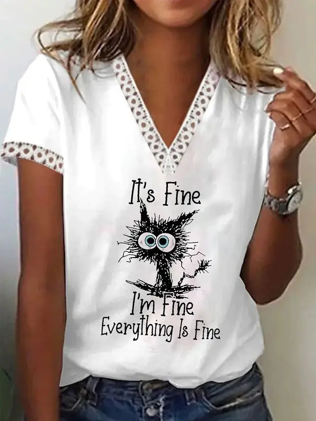 Women's V neck Lace Casual Top Short Sleeve Printed Stitching T shirt 14 Style - Shop at LoveMi